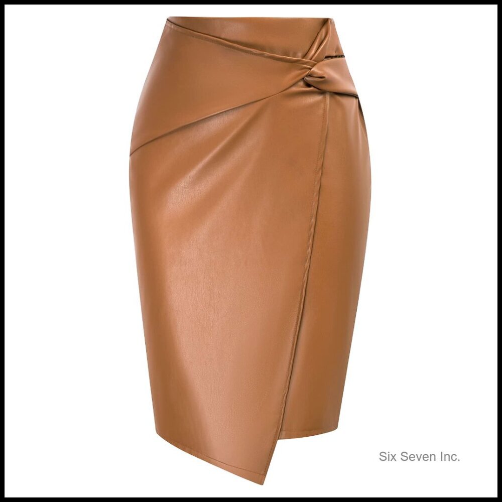 Faux Leather High Waist Wrap Midi Pencil Skirt for Business Casual - Picture 1 of 7